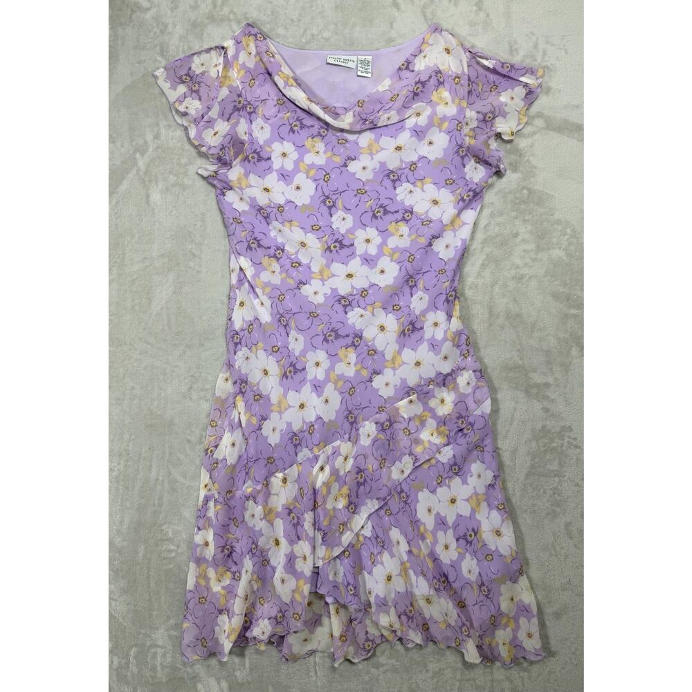 Vintage 90s Y2K Silk Chiffon Floral Dress Purple Lilac Cottagecore Fairycore 14